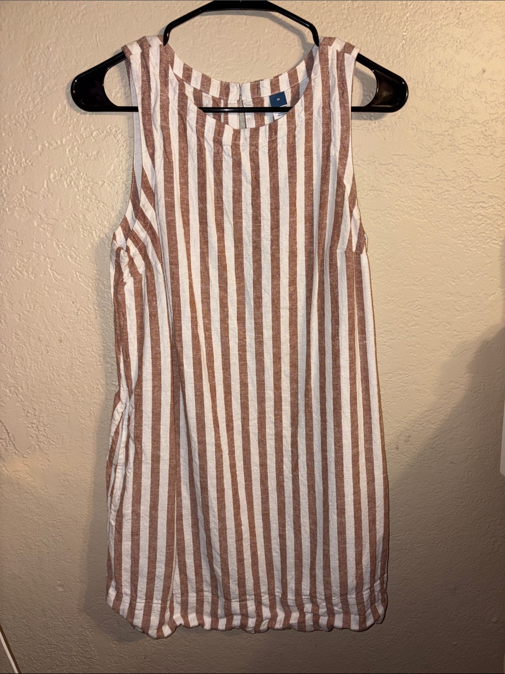 Sleeveless Brown and White Striped Shift Dress Linen blend M